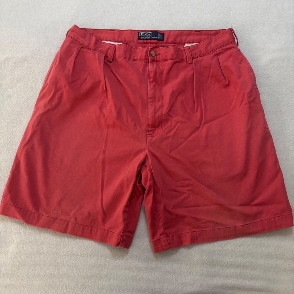 Polo Ralph Lauren Mens Classic Chino Shorts Red Pleated Cotton Twill Size 38